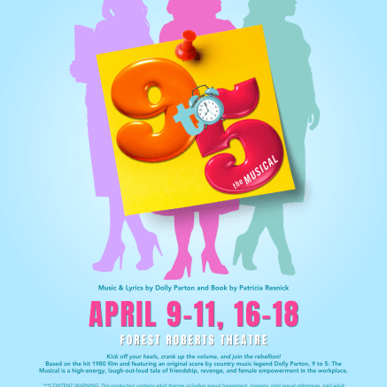 "9 to 5" in orange, teal, and red text on a sticky note with the silhouette of three women