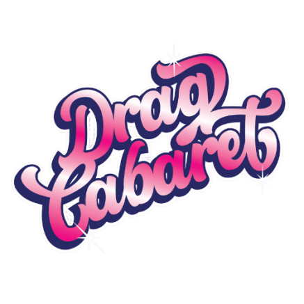 Loopy pink and navy blue writing saying "Drag Cabaret" with white shimmers