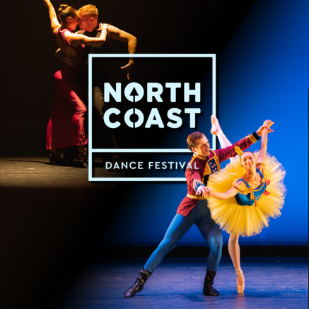 A woman in a red dress with her arm raised embracing a man in a black tank top. Ballet dancer in a yellow tutu en pointe with her partner in a nutcracker costume. Square North Coast Dance Festival Logo in the center. 