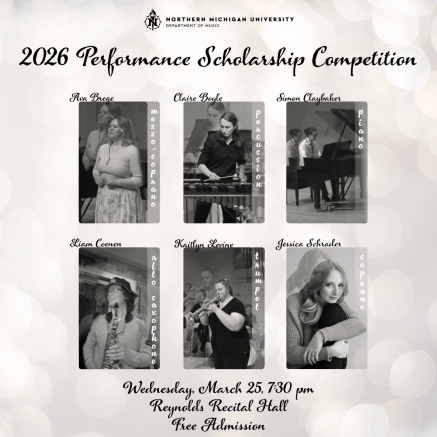 Photos of each performer as well as event information is shared:  2026 Performance Scholarship Competition on Wednesday, March 25, 2026 at 7:30 pm in Reynolds Recital Hall.  Admission is free.  