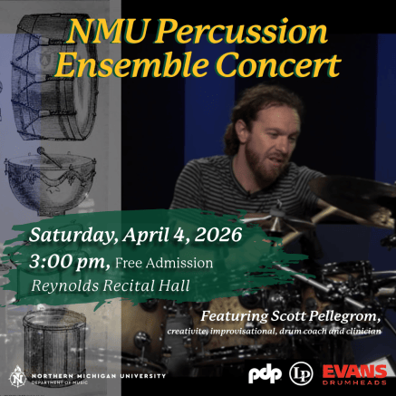 Drummer Scott Pellegrom is pictured along with black and white images of different types of drums.  