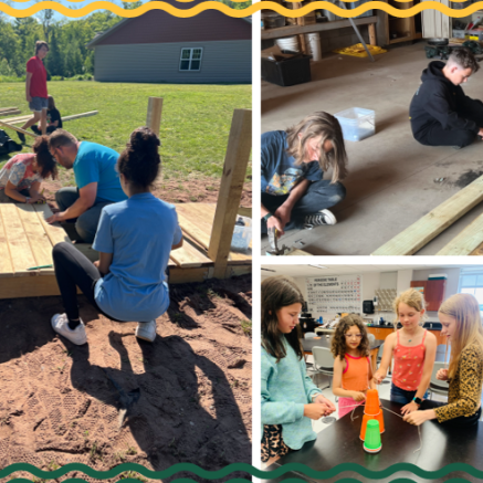 young students building a ramp outdoors and showing teamwork during a cup stacking challenge
