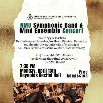 Images of trombone, flute and horn players accompanied by descriptive text about the date and time of the concert. 