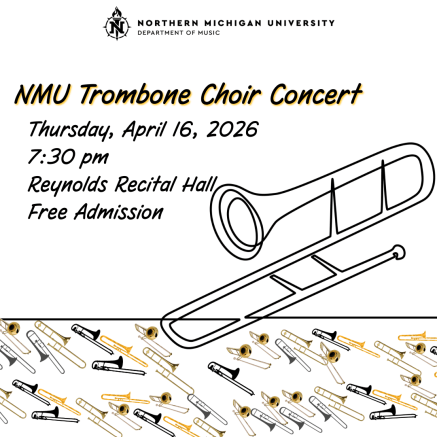 An image of a trombone and many others underneath, symbolizing a trombone choir. 