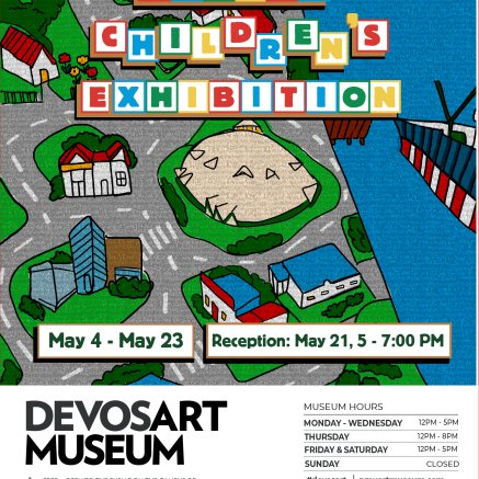 The poster features highly saturated green, blues, yellows, and reds. The poster is a map of Marquette around the DeVos Art Museum, mimicking toy car carpets. 