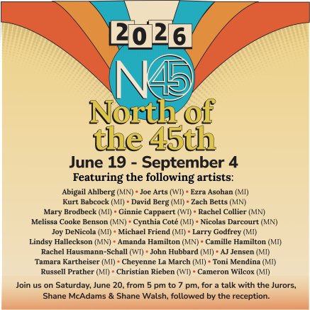 The poster features highly saturated yellow, orange, and a blue teal. The N45 logo is in a teal circle; the poster utilizes a serif font and provides information on the participating artists and reception details. 