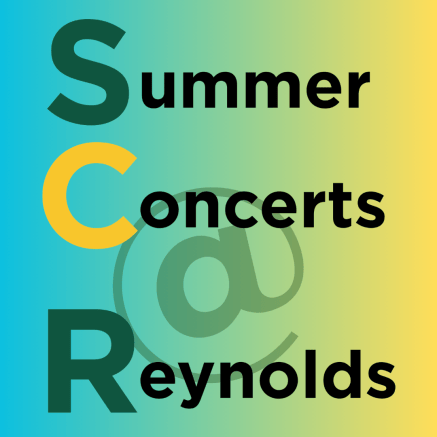 Graphic reading "Summer Concerts @ Reynolds" on a blue-to-yellow gradient background. The first letters—S, C, and R—are prominently emphasized.