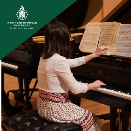 Northern Michigan University music graphic shows a woman pianist reading sheet music at a Steinway grand piano in a warm, focused setting.