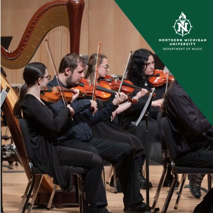 Northern Michigan University student musicians perform in black attire, playing violins and cello beside a harp in a concert setting.