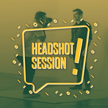 Photographer taking a headshot, text says Headshot Session