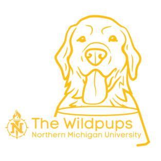 The NMU Wildpups logo, a drawing of a dog with the NMU torch logo