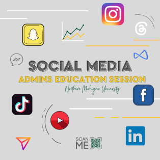 Dark Grey and Yellow text over a grey background with various social media icons