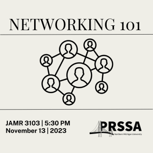 "Networking 101 Jamrich 3103, 5:30 PM, November 13, 2023" over a picture of a network web