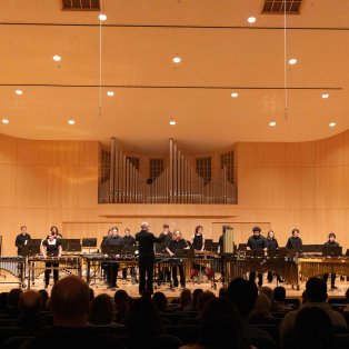 NMU Percussion Ensemble on stage in Reynolds Recital Hall