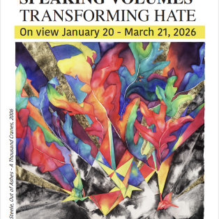 Exhibition On view January 20 - March 21, 2026, image features artwork by Sara Steele, Out of Ashes - A Thousand Cranes, 2006