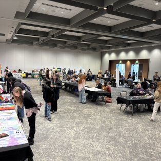Students walking around the Gender Fair, visiting tables set up for organizations.