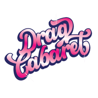 Loopy pink and navy blue writing saying "Drag Cabaret" with white shimmers