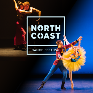 A woman in a red dress with her arm raised embracing a man in a black tank top. Ballet dancer in a yellow tutu en pointe with her partner in a nutcracker costume. Square North Coast Dance Festival Logo in the center. 