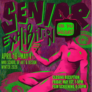 Senior Exhibition graphic, features neon green, pink, and dark maroon with eyes and tv iconography. 