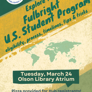 Poster advertising event with Fulbright logo, world map, and NMU Writing Center and Fellowship & Scholarship Committee logos
