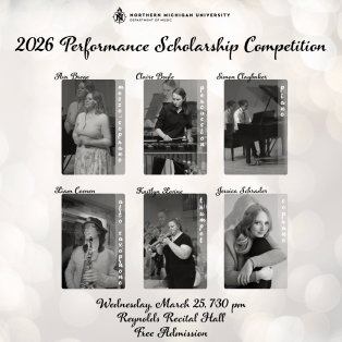 Photos of each performer as well as event information is shared:  2026 Performance Scholarship Competition on Wednesday, March 25, 2026 at 7:30 pm in Reynolds Recital Hall.  Admission is free.  