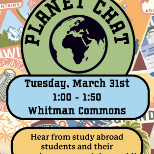 Colorful background was various postcard images from around the world. Globe icon with "Planet Chat" circling the image.