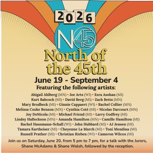 The poster features highly saturated yellow, orange, and a blue teal. The N45 logo is in a teal circle; the poster utilizes a serif font and provides information on the participating artists and reception details. 