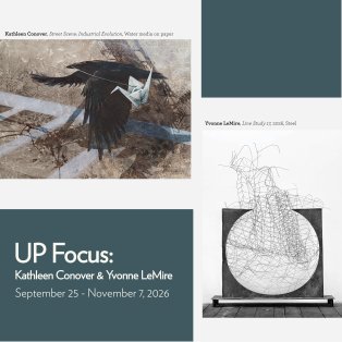  Promotions photo features: Kathleen Conover, Street Scene: Industrial Evolution, Water media on paper Yvonne LeMire, Line Study 17, 2026, Steel 