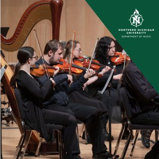 Northern Michigan University student musicians perform in black attire, playing violins and cello beside a harp in a concert setting.
