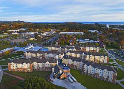Aerial photo of NMU's residence hall complex, The Woods