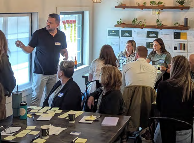 Group of NMU staff and faculty participating in a brainstorming activity using sticky notes.