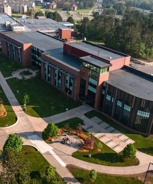 Arial view of Jamrich Hall on the campus of Northern Michigan University.