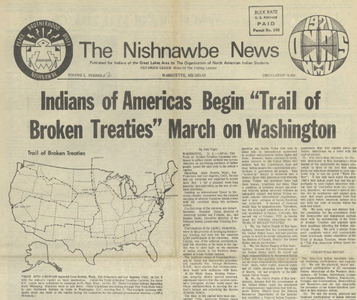 Image of archived 1971 Nishnawbe News issue with headline "Indians of Americas Begin 'Trail of Broken Treaties' March on Washington"