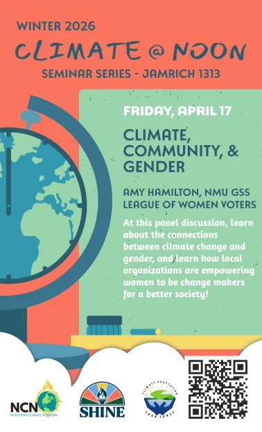 On Friday, April 17, a panel discussion (presenters TBD) will discuss the relationship between climate change and gender. This event will occur in Jamrich Hall