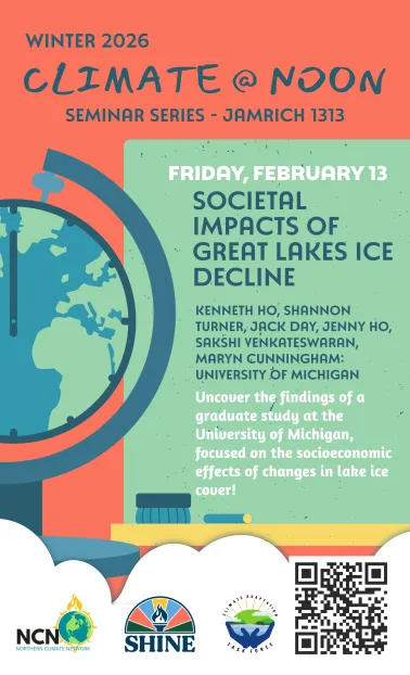On Friday, February 20, Kenneth Ho from the University of Michigan will be hosting a seminar on the human dimensions of ice coverage. This presentation will be held in Jamrich Hall.