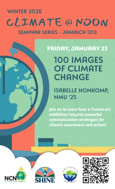 On Friday, January 23, Isabelle Honkomp will be presenting her takeaways from a French Art exhibition titled "100 Images of Climate Change". This will happen in Jamrich 1313 from 12-1pm.