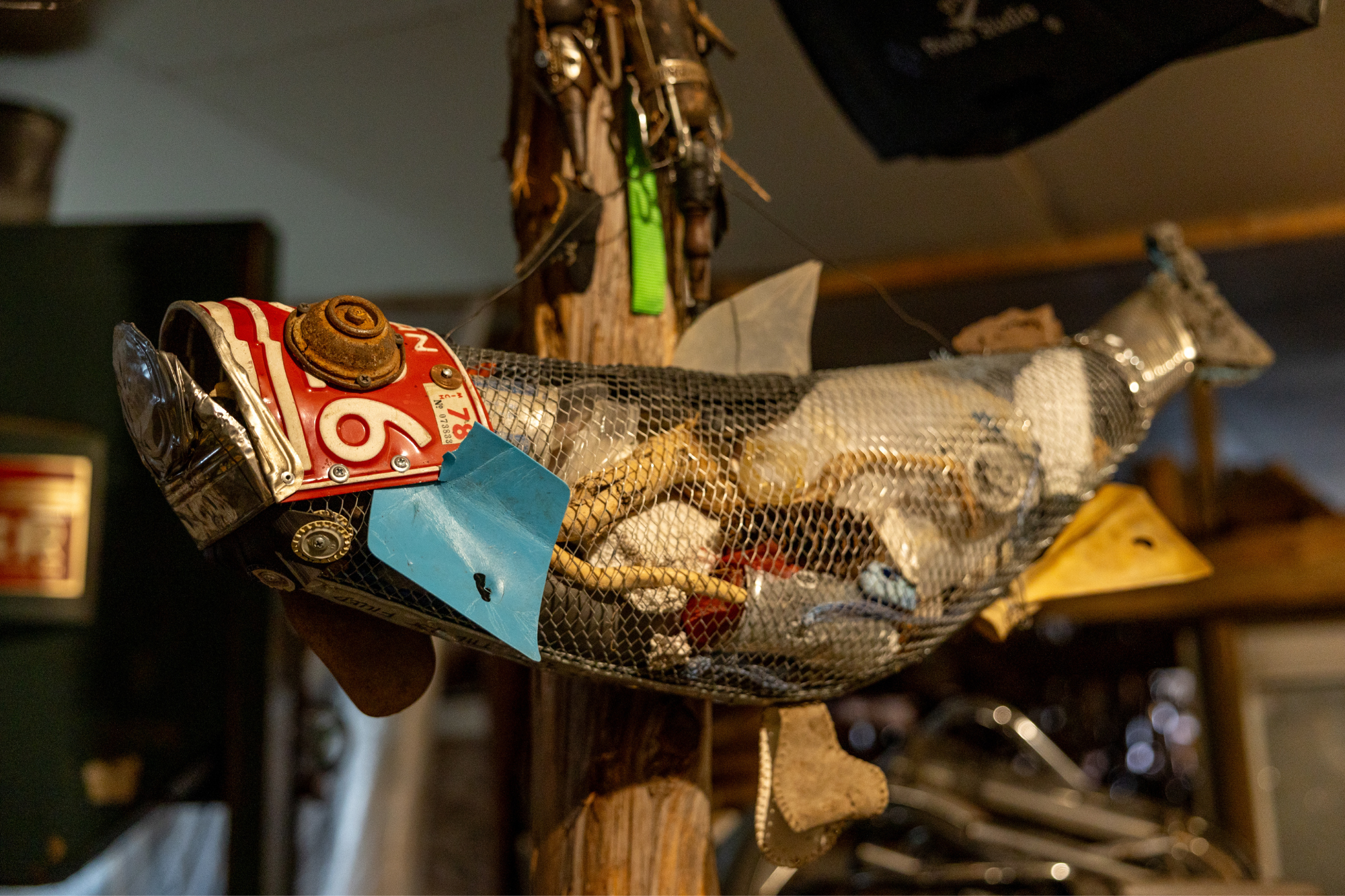 Ritch's "fish" made from recycled materials and used to collect beach items such as trash