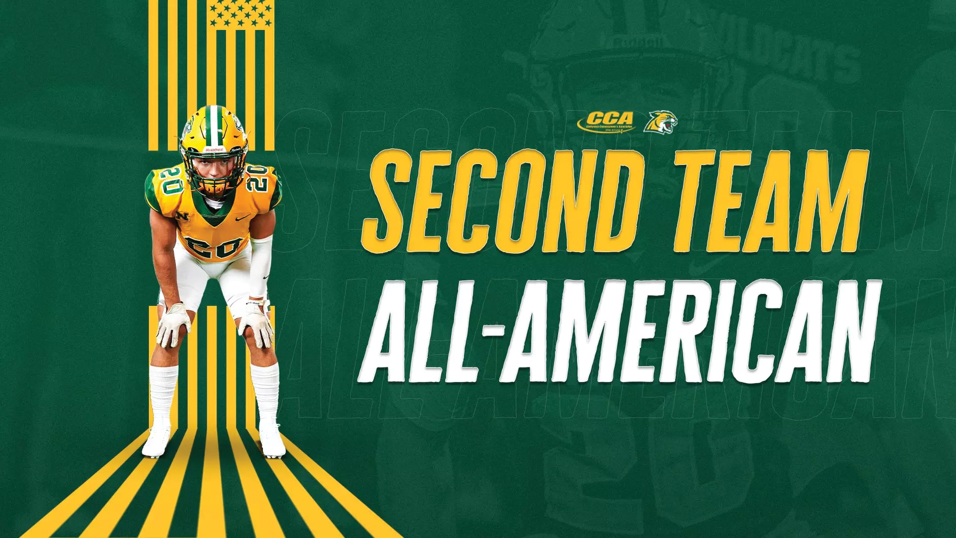 Noah Dobert in front of a green background with the text "Second Team All-American."
