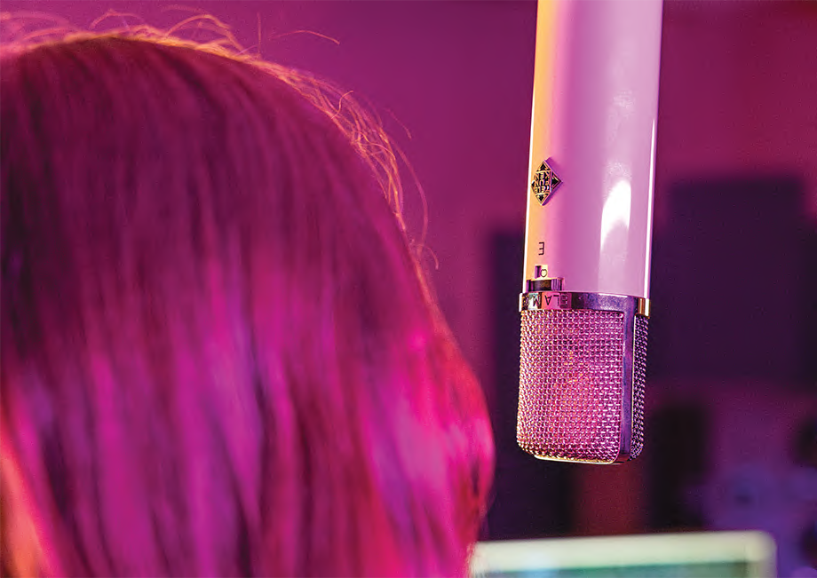 Back of head behind microphone in pinkish light