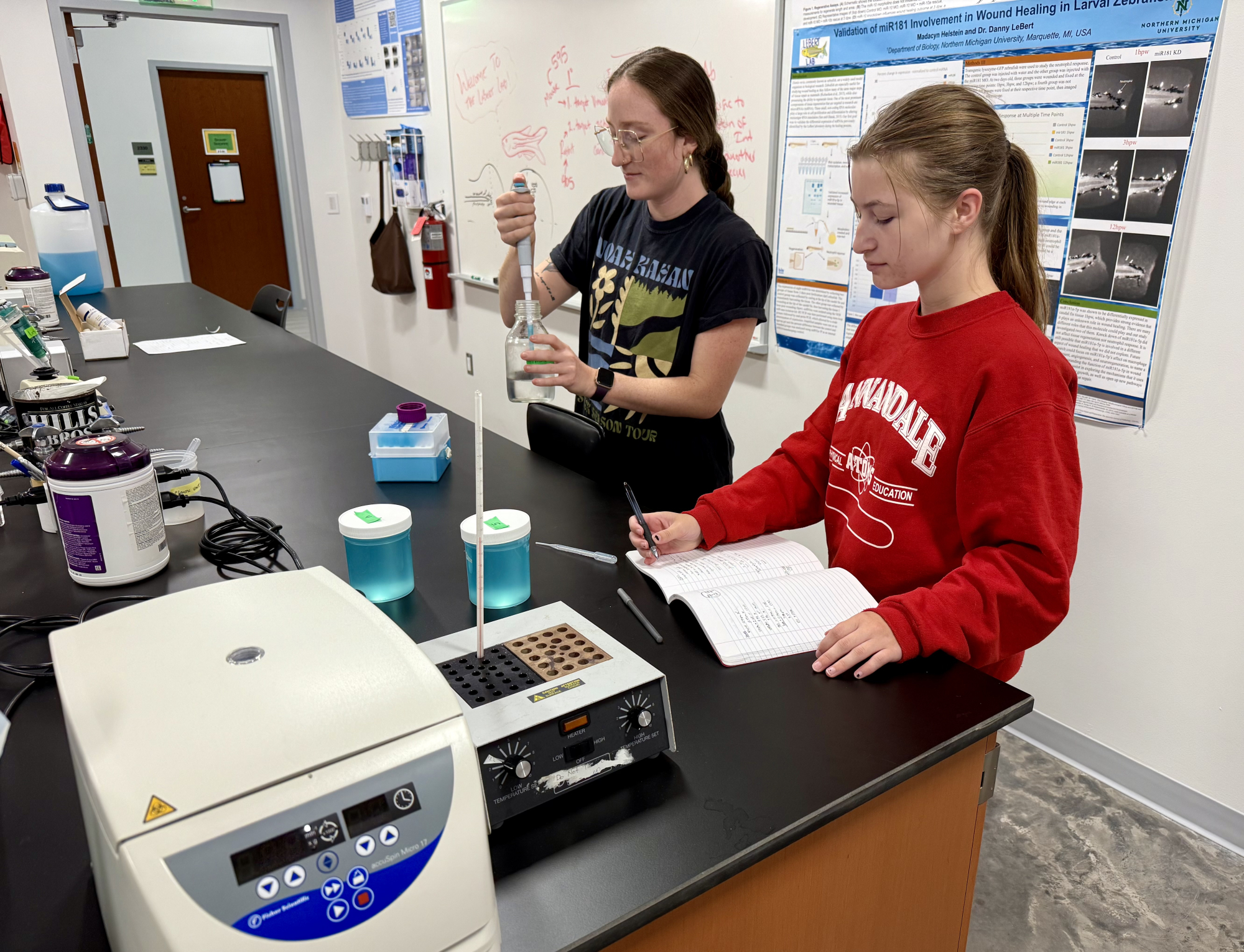 Two students in the LeBert Lab of the Weston addition.
