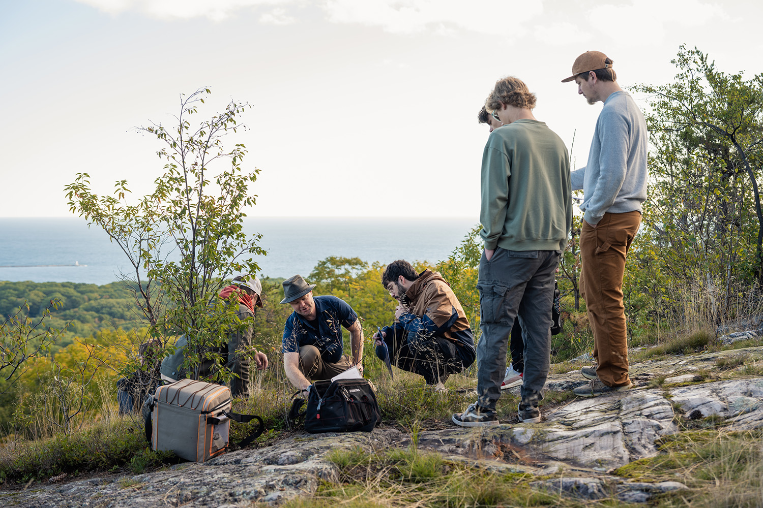 Professor and students examining soils on mountaintop