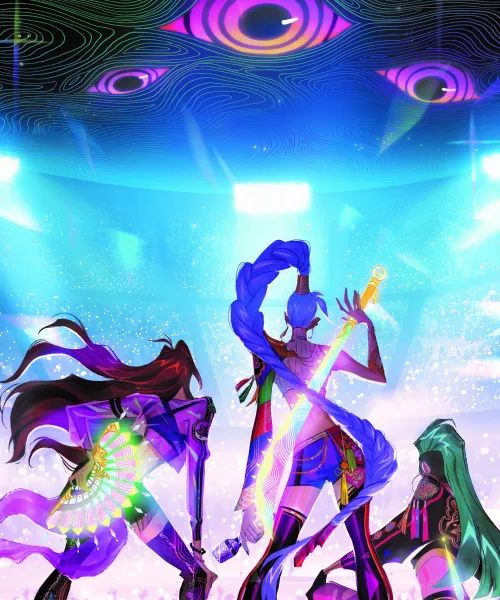 An animated picture of three characters facing a large crowd from the show KPOP: Demon Hunter