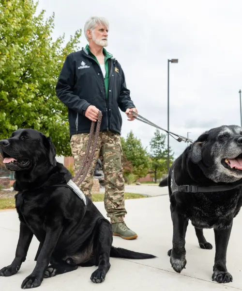 Man stands outside with is two black lab service dogs
