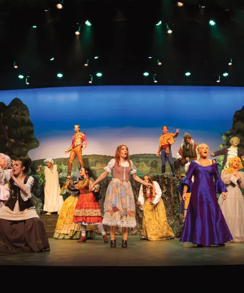 Multiple singers on stage in fancy clothes and forest landscape