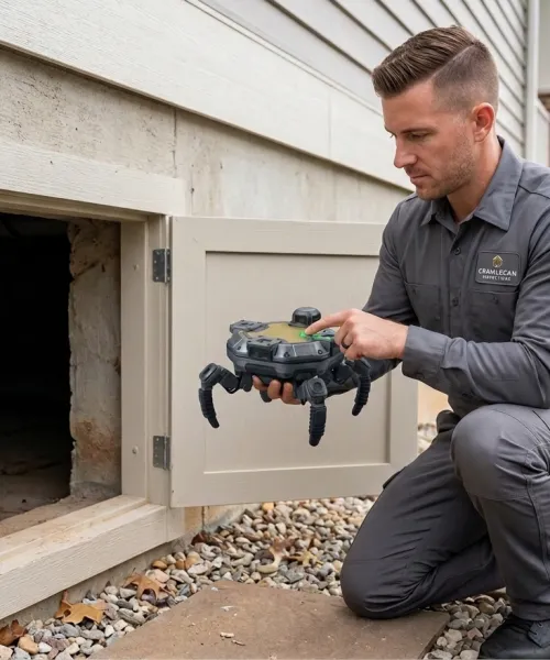 man kneels outside on sidewalk holding a small robot 