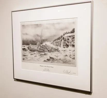 Black and white drawing of shipwreck near Pictured Rocks