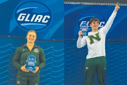 Kalina Ceglinski and Matteo Ballardin holding GLIAC trophies.