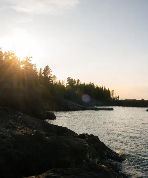 The rocky shore of Lake Superior in Marquette, Michigan. 