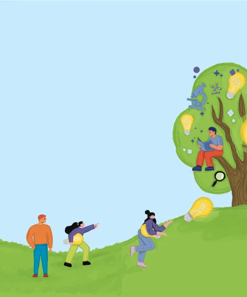 Illustration of people collecting and sharing glowing lightbulbs from a large tree filled with gears, books, and pencils.