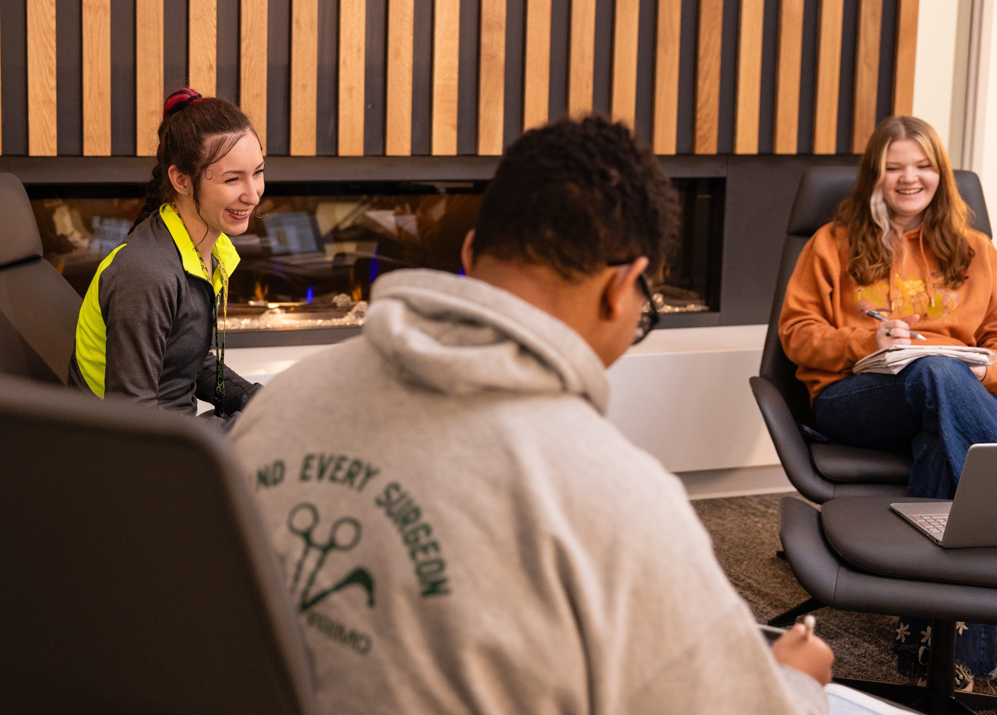 Students studying in the renovated Harden building.